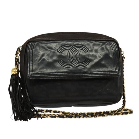 CHANEL COCO Mark Chain Shoulder Bag Leather Black Gold CC Auth - Picture 1 of 16